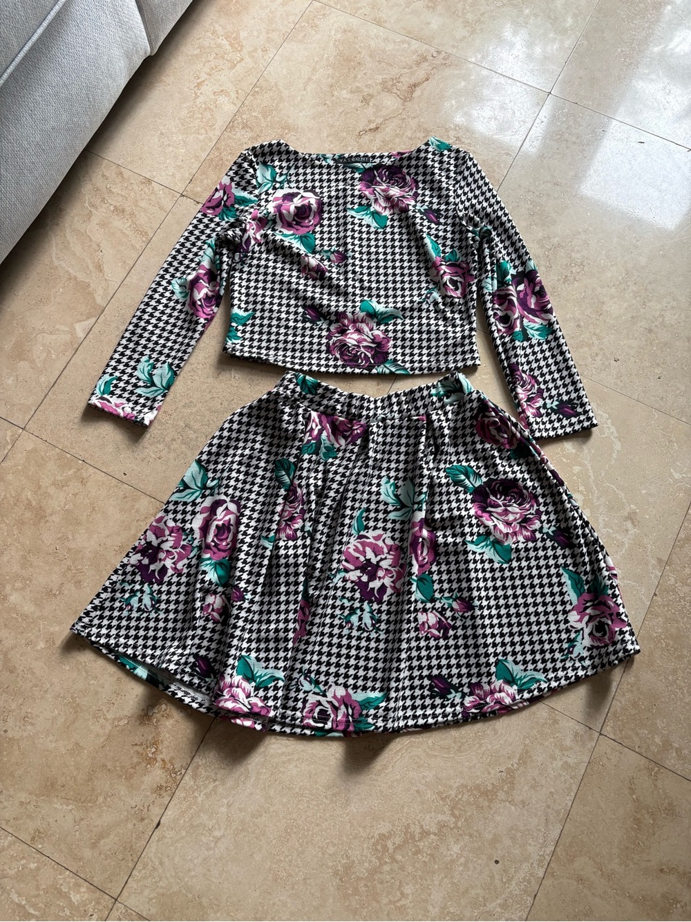 Wonan Black & White Houndstooth Floral Skirt - Cute Casual Bottom in